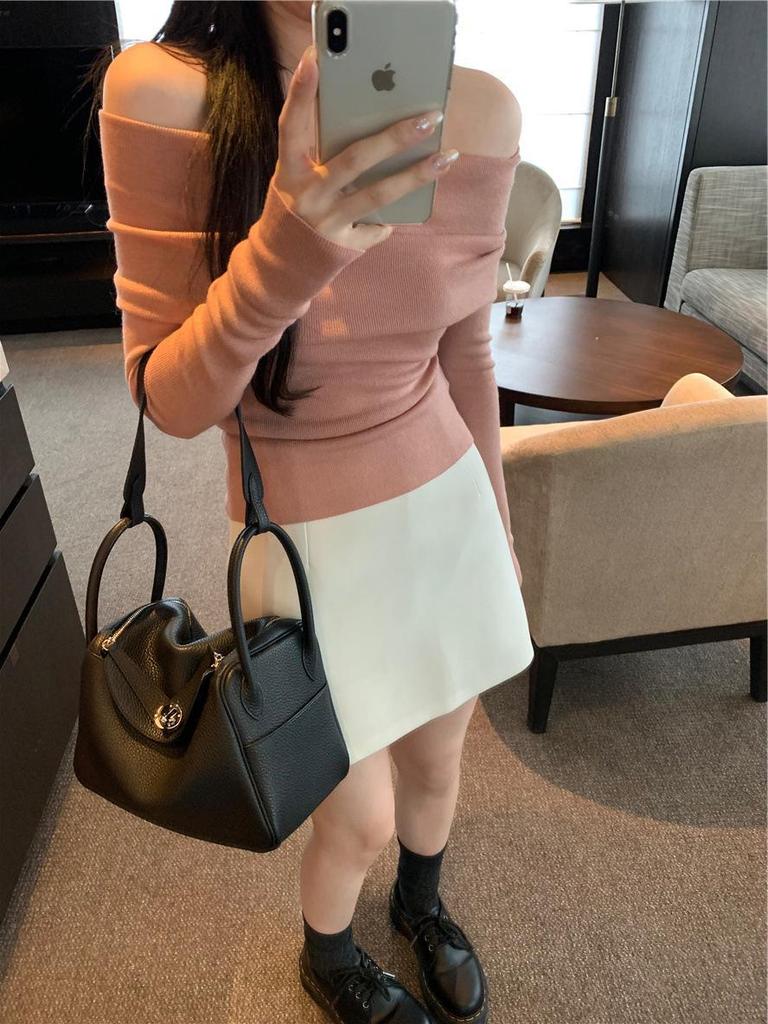 Women's Apricot One-Shoulder Knit Sweater: Soft, Long-Sleeve, Sexy Off-Shoulder Top for Autumn.