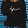 Large Size Blessing Printed T-shirt, Spring and Autumn Casual Round Neck Long-sleeved Tops, Women's Plus Size Clothing