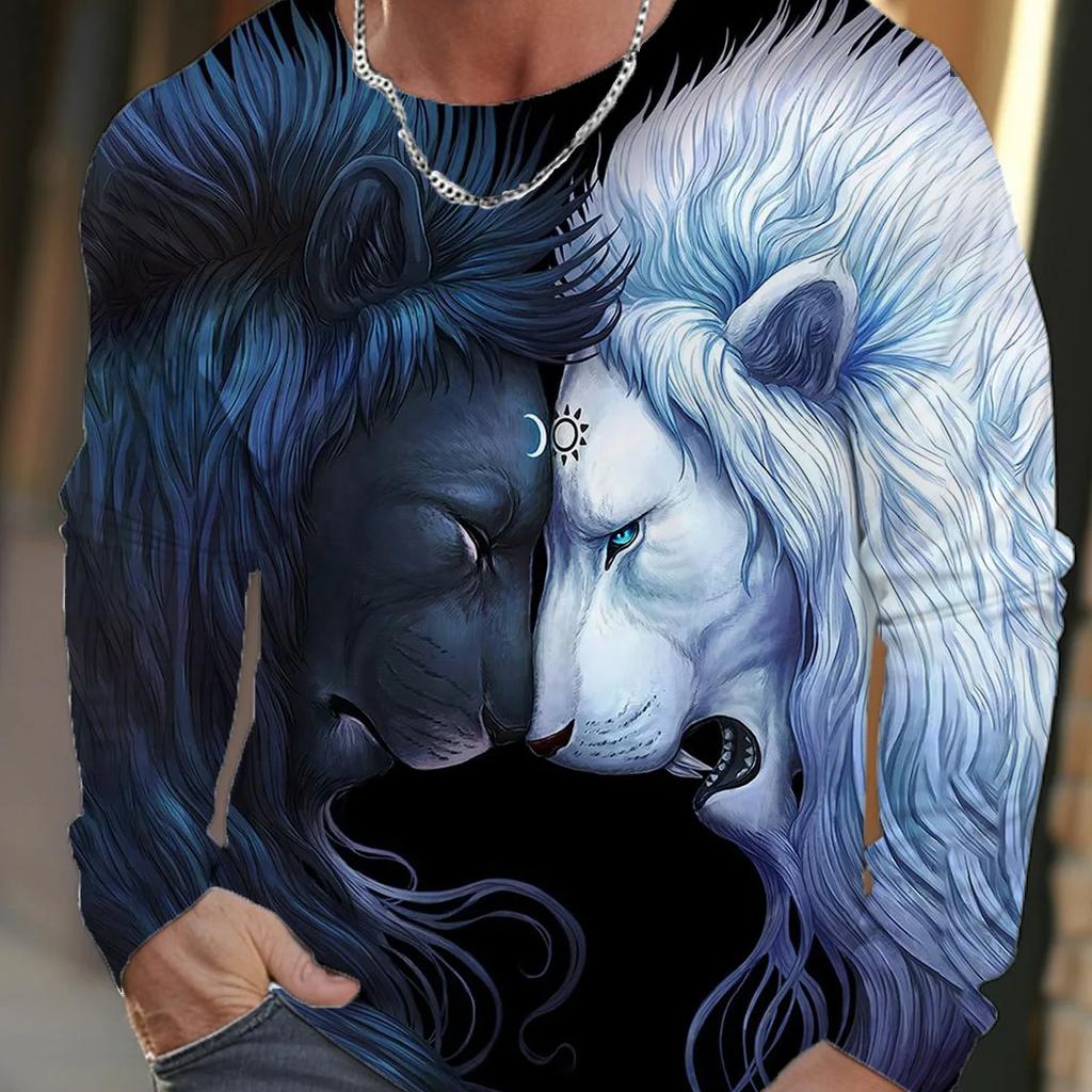 Винтажная мужская футболка с длинным рукавом, рубашки с 3d принтом, модные мужские футболки с короткими рукавами и изображением волка, уличная одежда большого размера, футболки