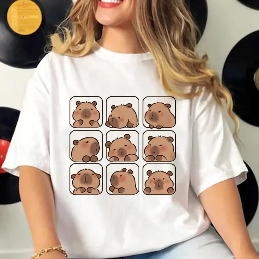 Летние футболки женские с коротким рукавом из чистого хлопка, модные, повседневные, с принтом мультяшной капибары и круглым вырезом