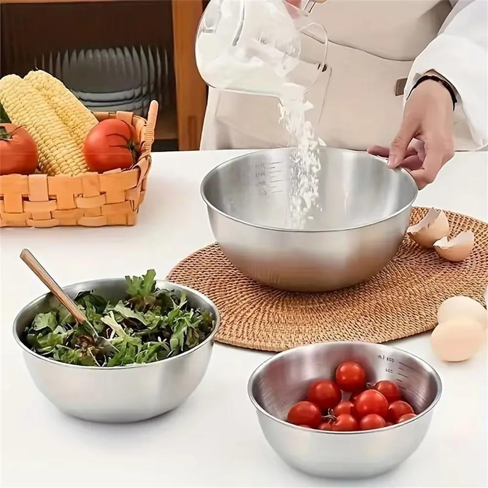 Stainless Steel Fruit Salad Bowl with Scale Noodles Bowl Dish Container for Cooking Baking