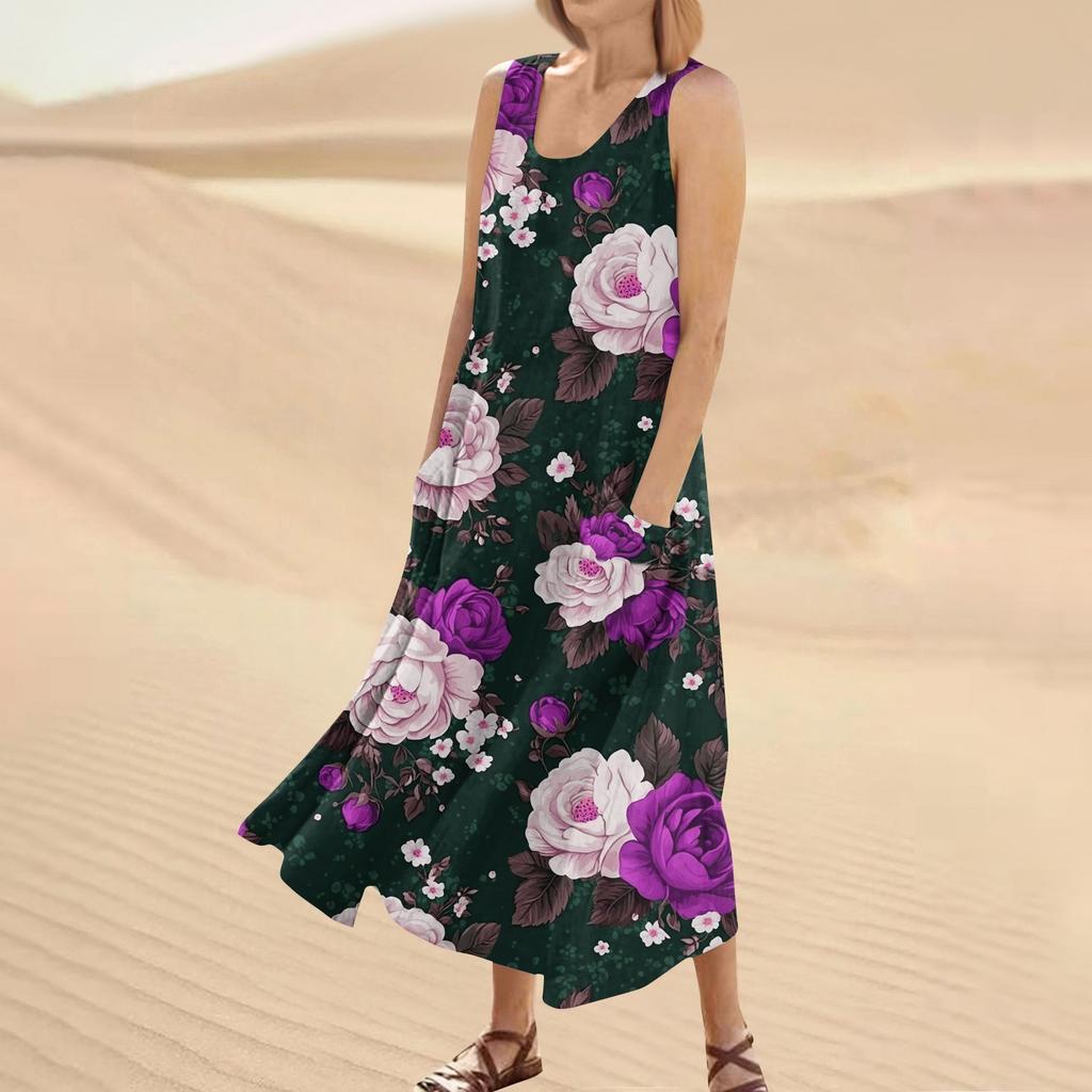Женское летнее повседневное модное платье без рукавов с круглым вырезом и карманом с цветочным принтом
