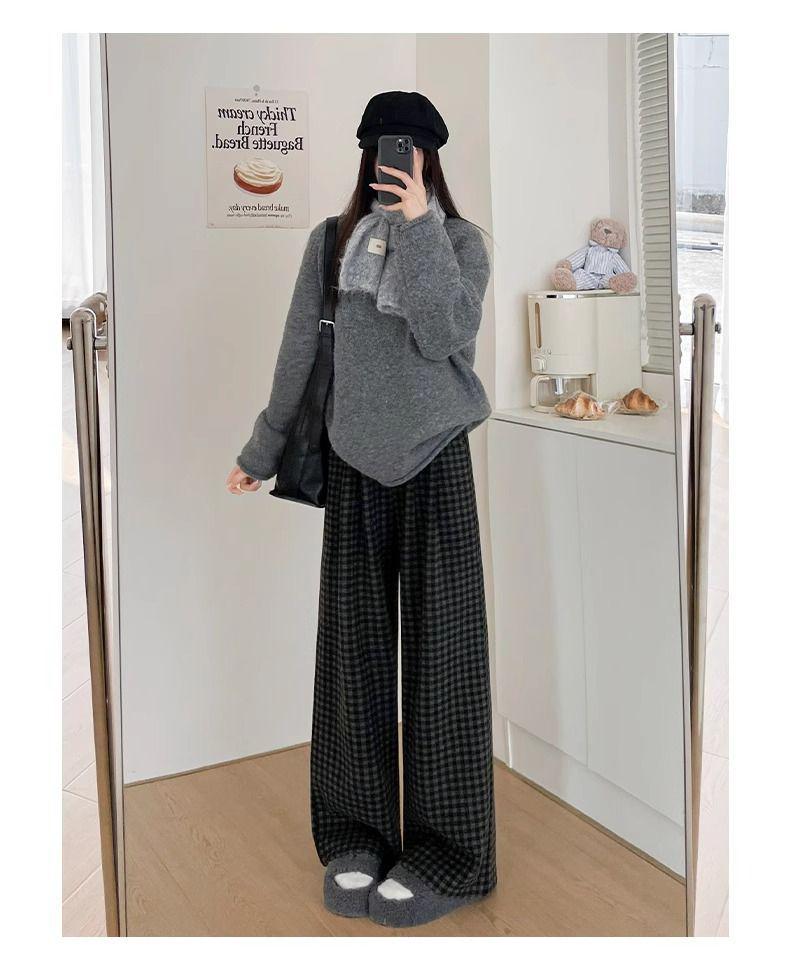High-Waisted Retro Plaid Wool Pants, Plus Velvet, Women's Autumn/Winter 2024, Black/Gray, Wide-Leg, Straight-Leg, Slimming Fit.