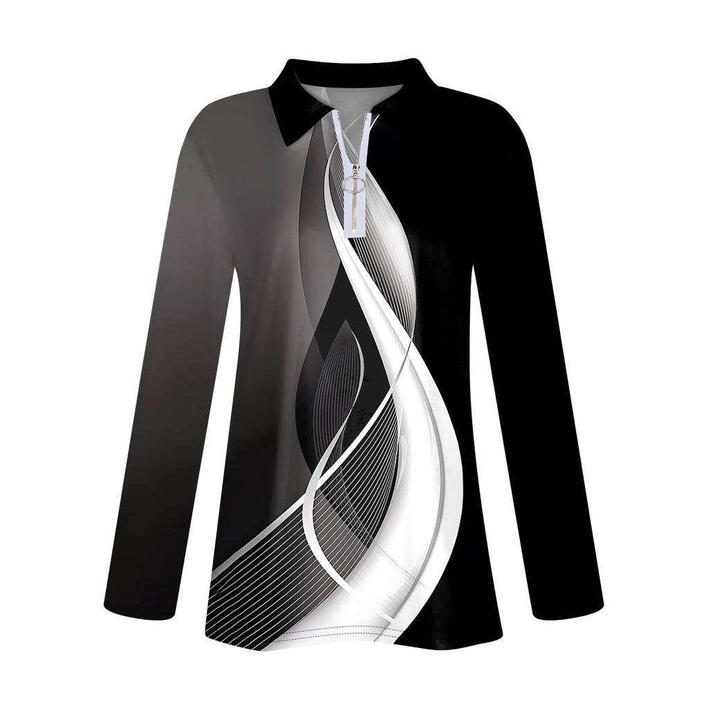 Женская весенняя и модная повседневная рубашка с принтом на молнии с V-образным вырезом и длинным рукавом