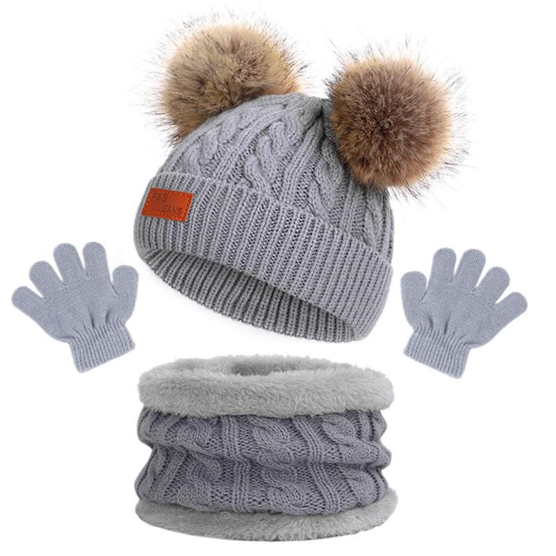 3 шт./компл. детская зимняя шапка-бини, шарф, перчатки, теплый комплект для детей 1-5 лет, для девочек и мальчиков, теплая вязаная шапка с двойными помпонами
