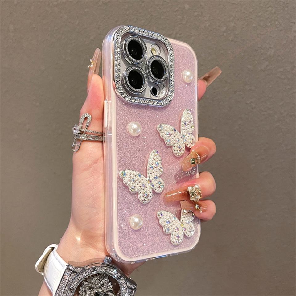 Блестящий глиттерный жемчужный силиконовый чехол-бабочка для iPhone 16 15 14 13 12 11 Pro Max Plus Роскошный защитный противоударный чехол