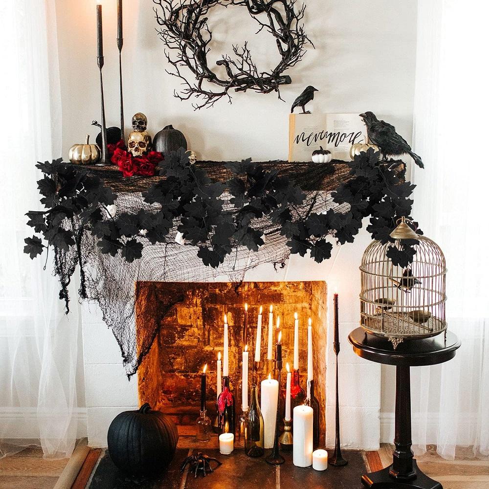 1.8M Hallow Artificial Black Rattan Maple Leaf Vine Christmas Wall Hanging Maple Leaf Vines Leaf Rose Indoor Garland Fake Flower