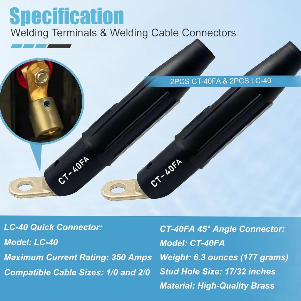 2PCS CT-40FA Welding Terminals & 2PCS LC-40 Welding Cable Connectors, Welder Leads Quick Connector and Terminal for Welding Machine Accessories, 1/0