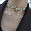 Exquisite Lace Pearl Choker Shiny Lolita Choker Necklace Fashion Rhinestone Tassel Necklace  Women