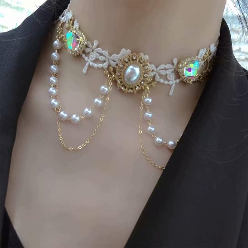 Exquisite Lace Pearl Choker Shiny Lolita Choker Necklace Fashion Rhinestone Tassel Necklace Women