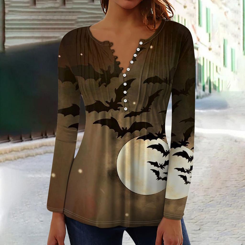Женский топ с длинными рукавами и плиссированным воротником на пуговицах с принтом Хэллоуина, весна-осень