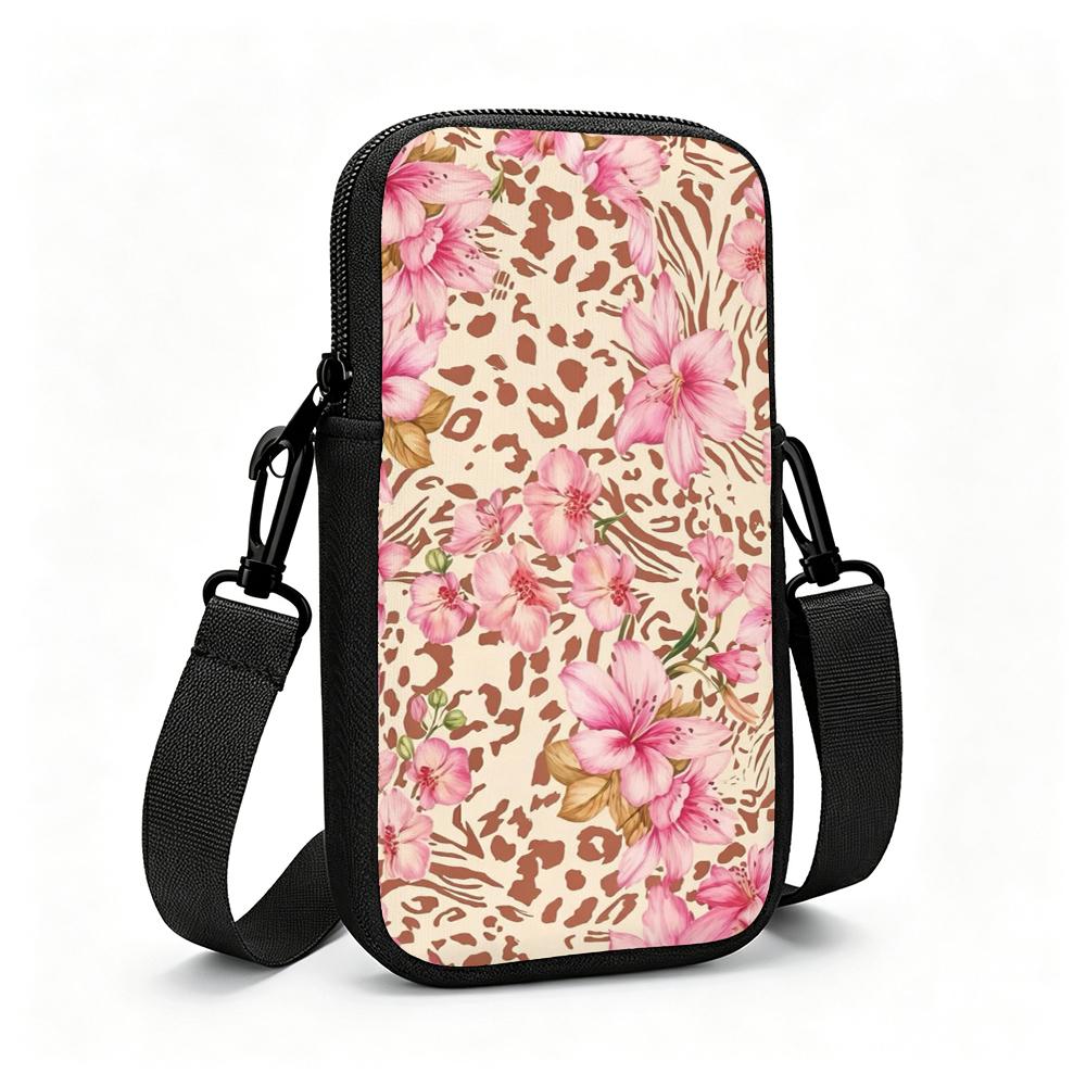 2D-Floral Leopard Print Crossbody Phone Bag, Adjustable Removable Strap Lightweight Zipper Small Shoulder Purse for Women Daily Travel