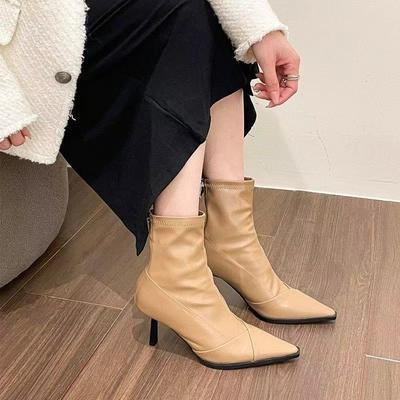 Тонкий каблук остроносые короткие ботинки женские осень и зима новый нишевый дизайн тонкие ботинки ботильоны модные туфли на высоком каблуке женские