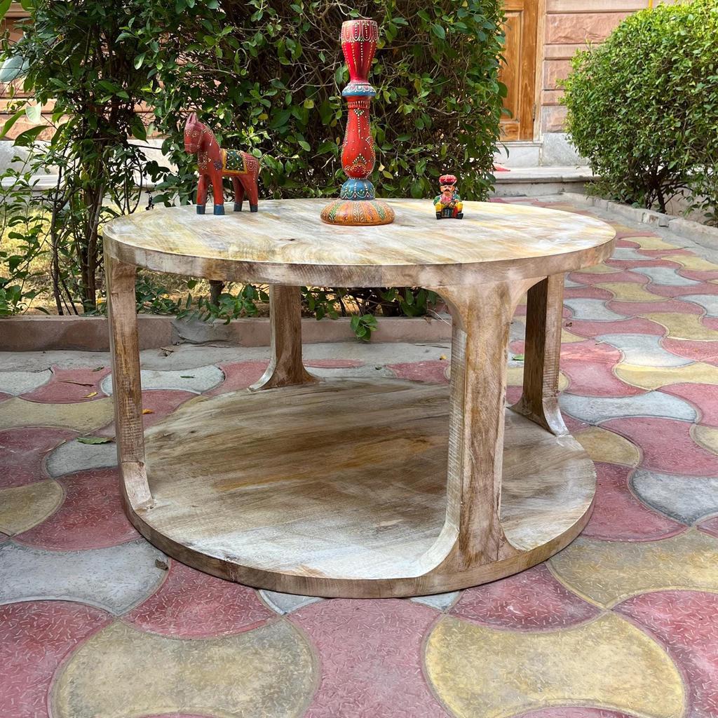 Wooden Coffee Table with Storage Shelf Handmade Round Center Table for Living Room, Indian Nightstand Tea Table, Side Table, Low Table