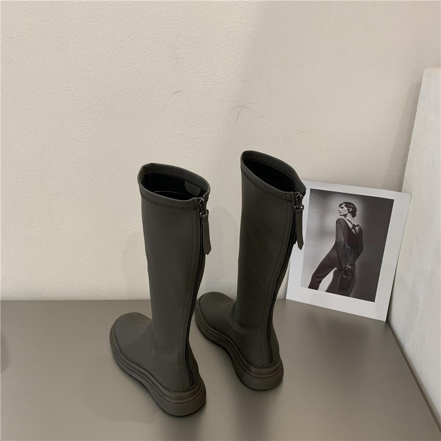 Круглый носок зимняя обувь до колена с высоким голенищем из кожи длинные элегантные туфли на низком каблуке для женщин женские сапоги белые по акции pu