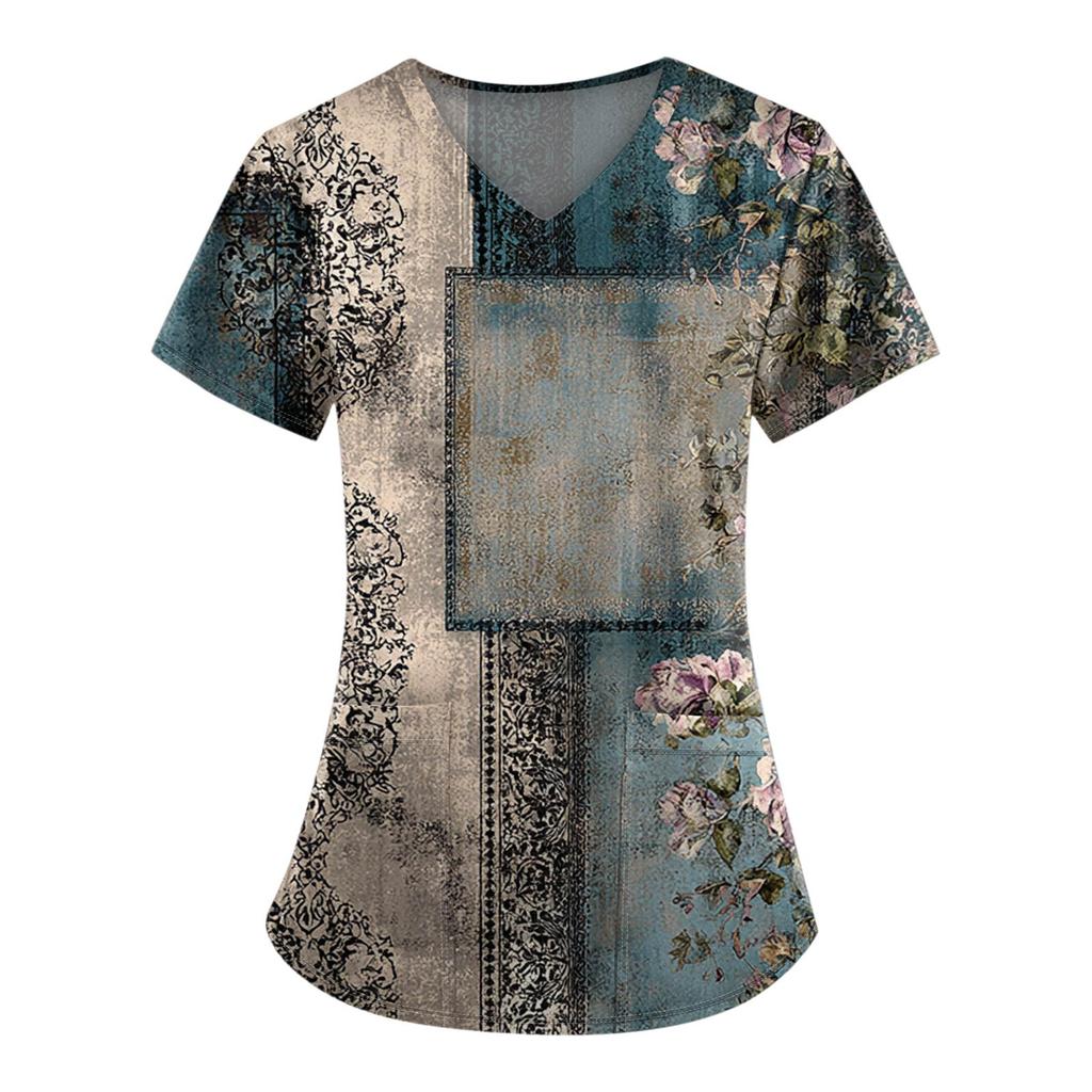 Plus Size Printed Scrub Working Uniform Tops For Women's V-Neck Print Short Sleeve Fun T-Shirts Workwear Tee With Pockets