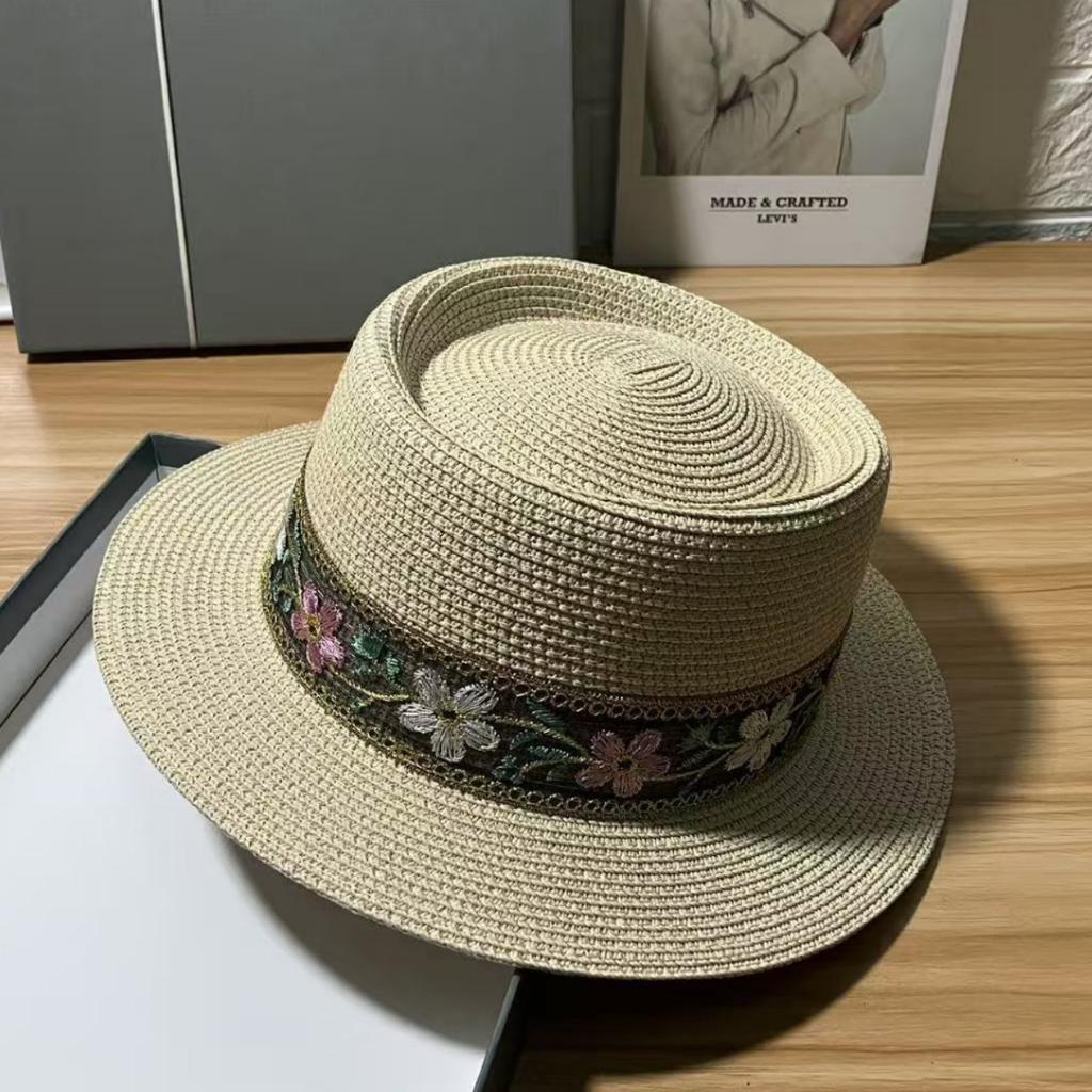 Retro Ethnic Style Embroidery Flower Beach Hat Children Spring and Summer Pot Hat Top Hat Versatile Sunscreen Sunshade Travel