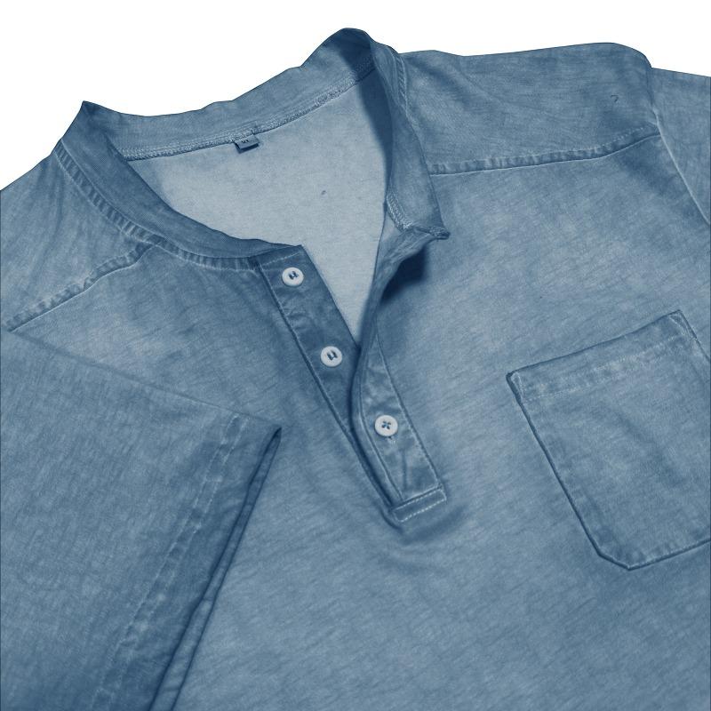 Мужская черная вымытая футболка-henley с коротким рукавом, нагрудным карманом, повседневная