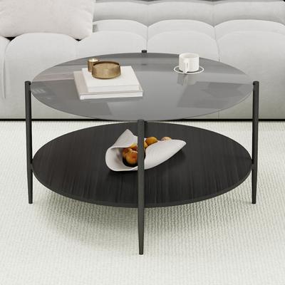 Modern Minimalist Living Room Coffee Table, Featuring a Round Black Glass Tabletop Combined with a Black Wooden Lower Layer, Beautiful and Practical.