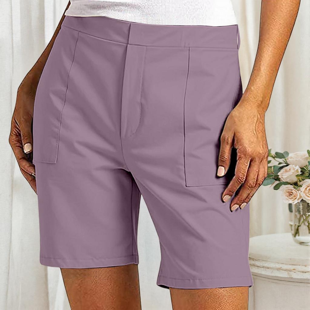 Women's Casual Mid-Length Shorts with Semi-Elastic Waistband and Front Pockets Suitable for Everyday Wear and Outdoor Activities