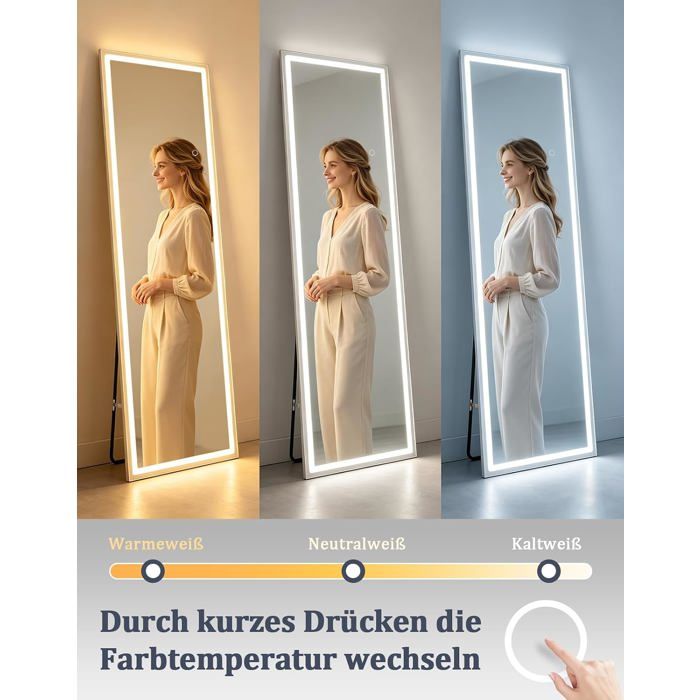 NETTLIFE Miroir pleine longueur avec éclairage intégré 160 cm sur pied/fixation murale verre transparent capteur tactile sensible