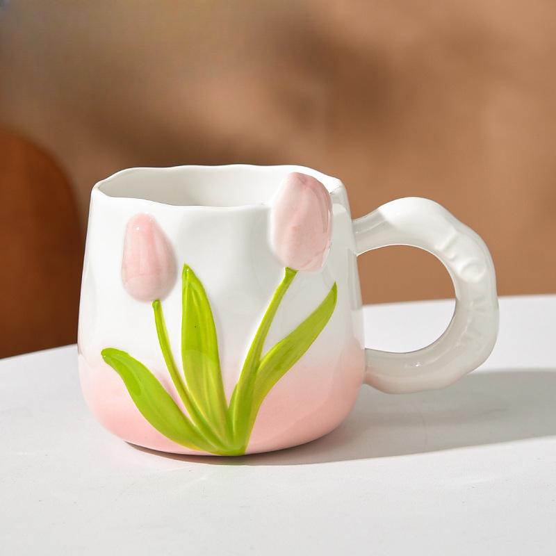 Расписанная вручную керамическая чашка, трехмерная рельефная чашка, чашка-тюльпан, кружка с цветами и ручкой, чашка для лучшей подруги, сувенир