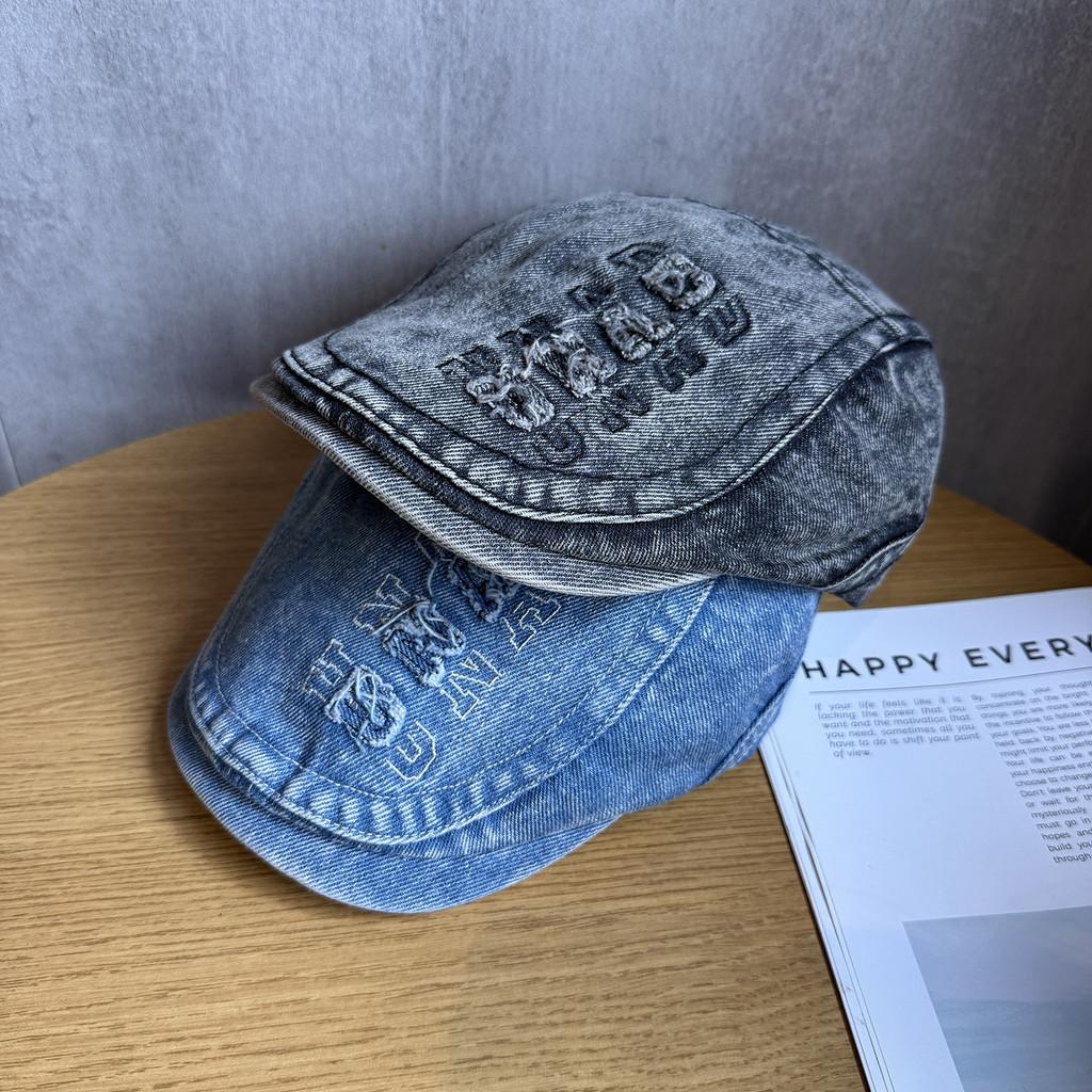 Retro Denim Letter Beret Hat With Wide Brim For Women Streetwear Everyday Use
