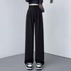 Women Pants High Waist Straight Wide Leg Trousers with Pockets Button Zipper Fly Solid Color Loose Fit Suit Pants Work Wear
