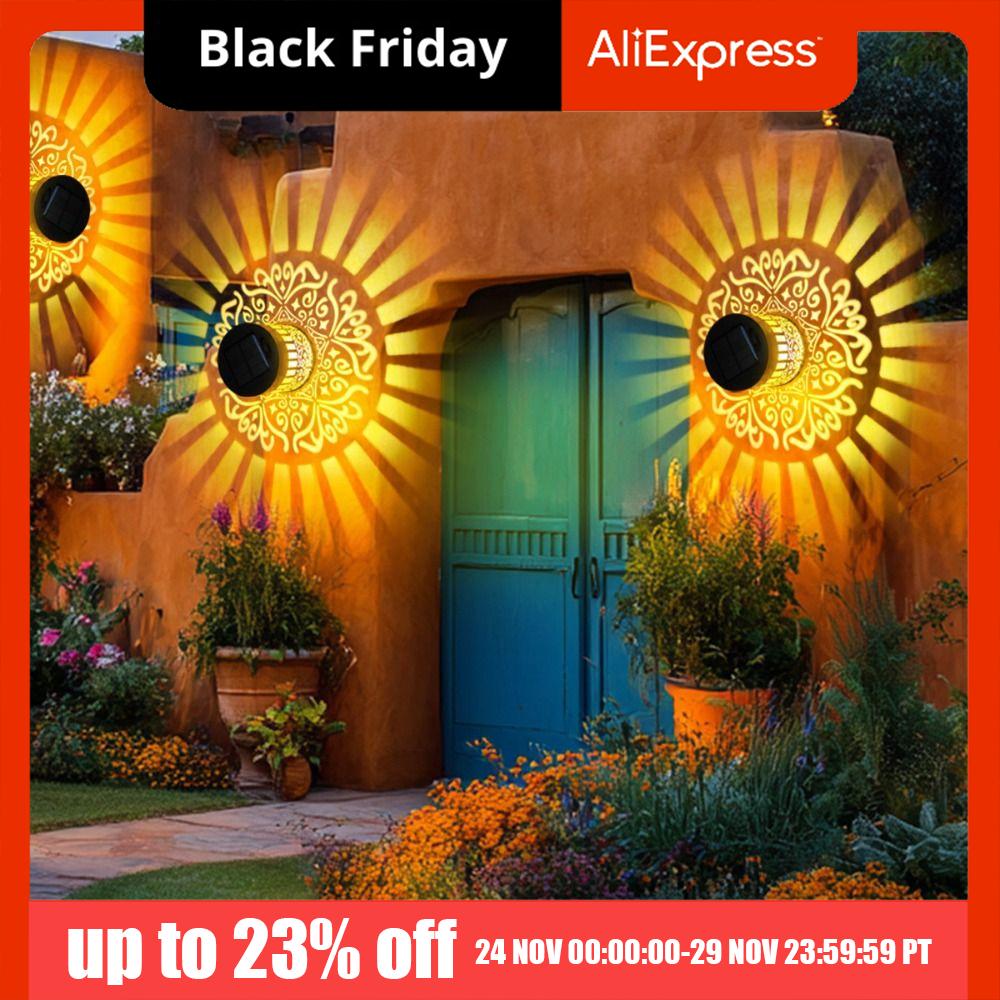 Hollow Solar Wall Lamp Iron Light Waterproof LED Solar Wall Light Flower Design Vintage Modern Outdoor Garden Light Villa Gate