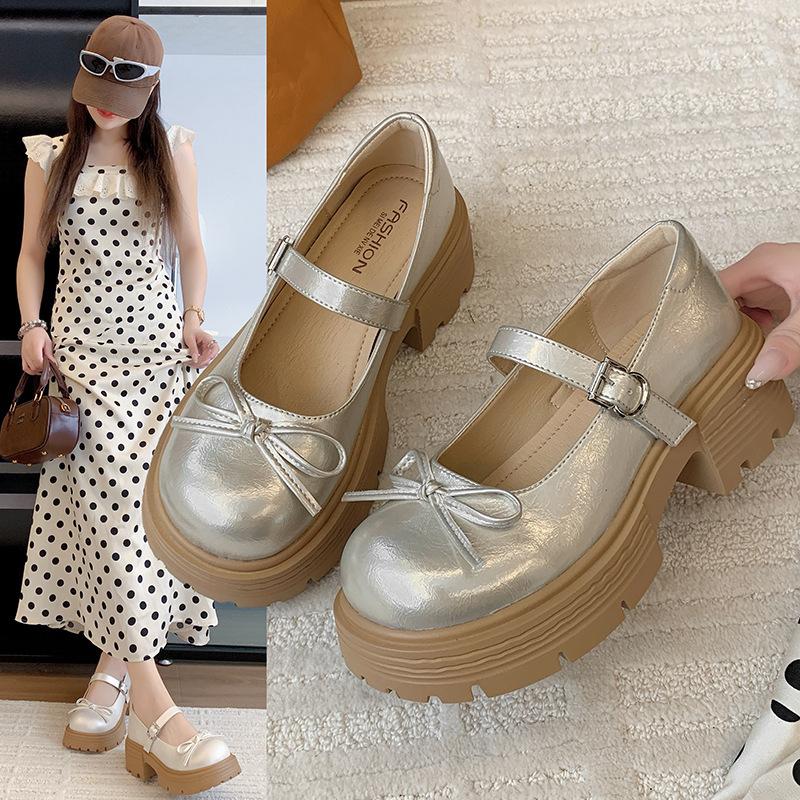 Bow New Shallow Mouth Small Leather Shoes Versatile Platform Single Shoes French Women's 2025 Summer Skirt Mary Jane Shoes