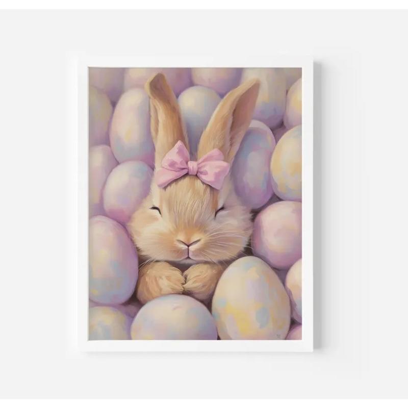 Easter Bunny Print, Cute Easter Rabbit Poster, Spring Easter Wall Art, Bunny & Eggs Nursery Decor, Easter Printable, Frameless