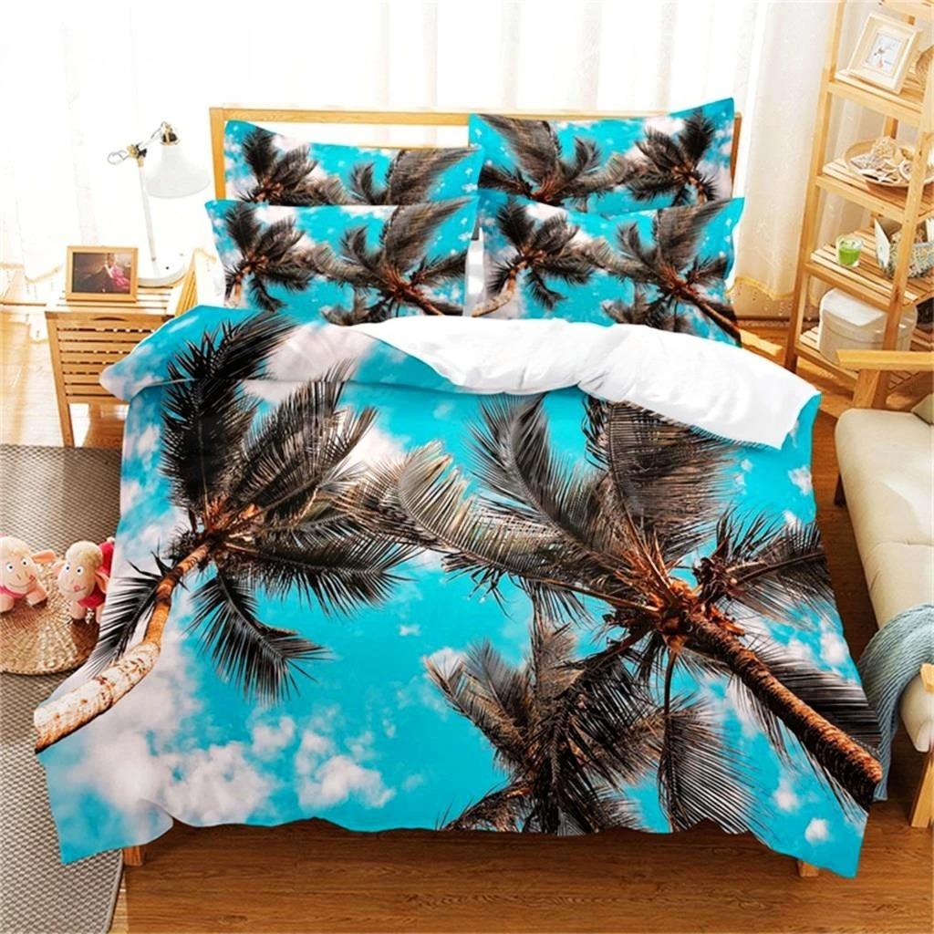 3D Beach Coconut Tree Duvet Cover Set Ocean Plants Bedding Set for Boys Girls Bedroom Decor