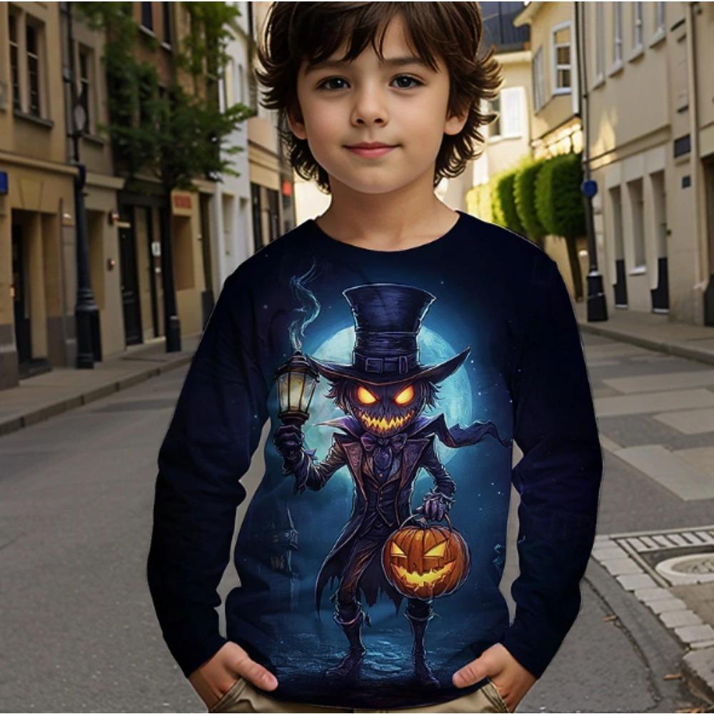 Kids Crew Neck Long Sleeve T‑Shirt, Halloween Spooky Pumpkin 3D Print Casual Loose Halloween Party Daily Wear Tops for Children