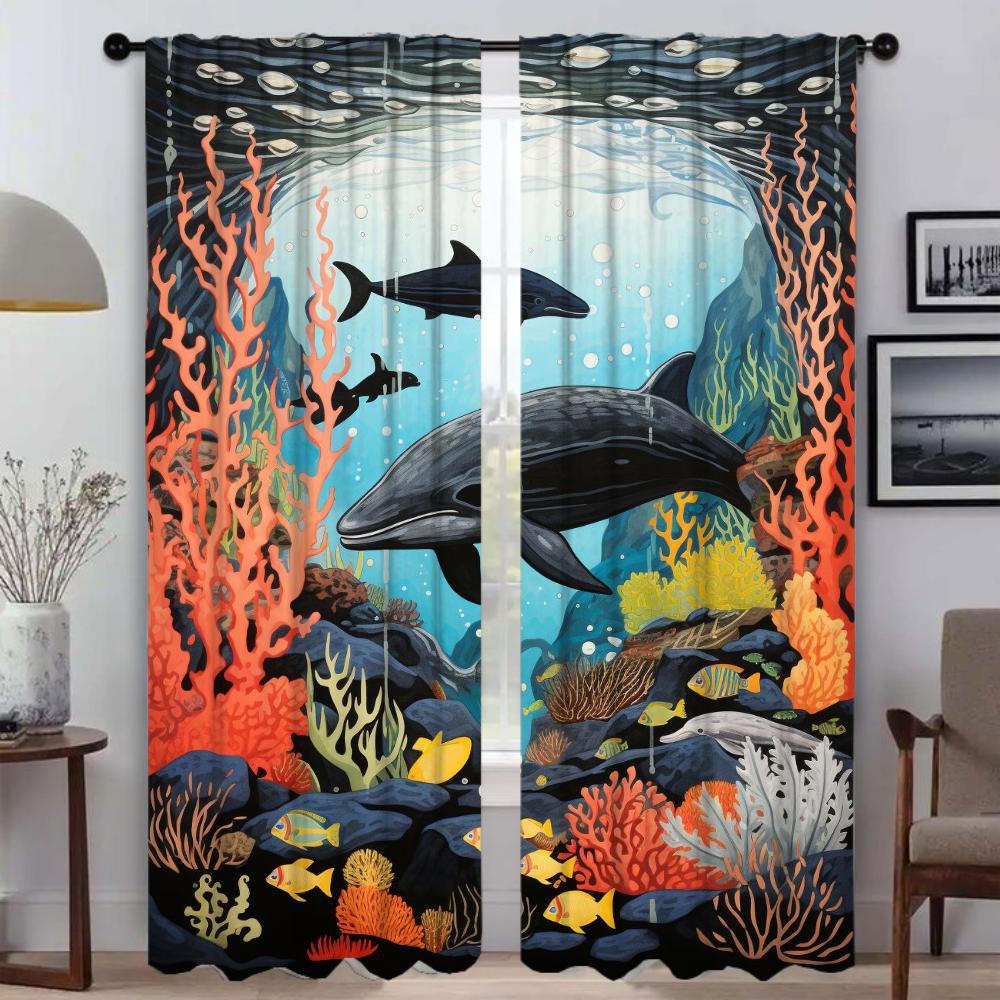Marine Animal World Blackout Curtain for Room 2 Panel Elegant Room Curtains Partition Halloween Decoration Shades Living Kitchen