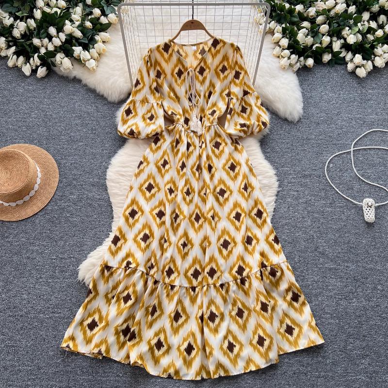 Elegant Vintage Floral Dress for Women Summer Lace Up Slim Waist Dresses Y2k Puff Sleeve Loose Dresses