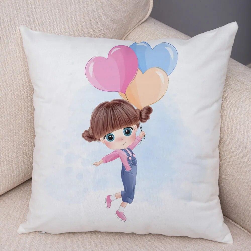 Children's Room Sofa Home Pillowcase Cute Cartoon Girl and Cat  Decoration  Animal Cushion Cover
