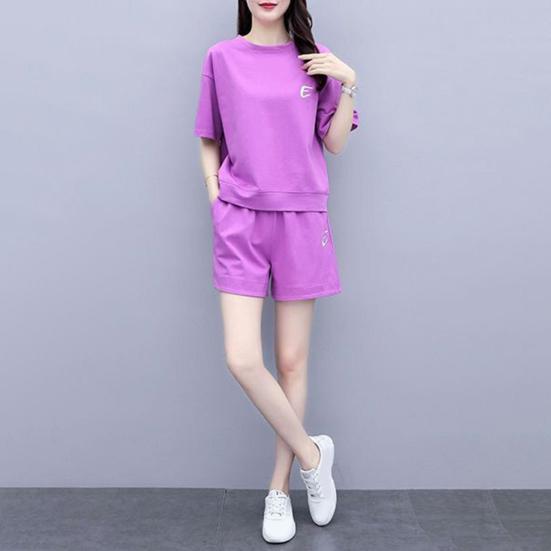 Комплект из 2 предметов для женщин, летний комплект из топа с круглым вырезом и короткими рукавами, короткие спортивные штаны, повседневный спортивный костюм для бега, комплект для отдыха
