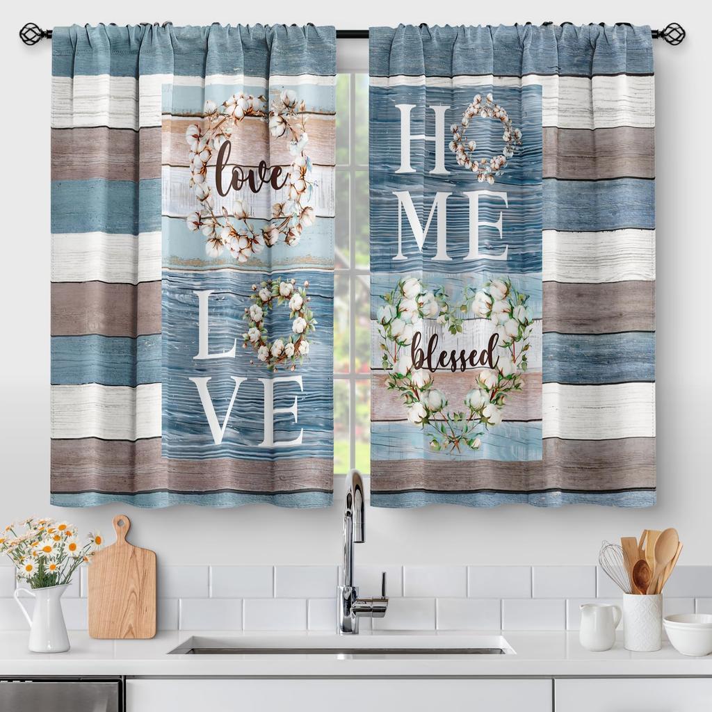 Floral Vintage Flower Kitchen Curtains Rustic Blue Tulip Farmhouse Short Cafe Tier Curtains Decor For Rod Pocket Window Drapes