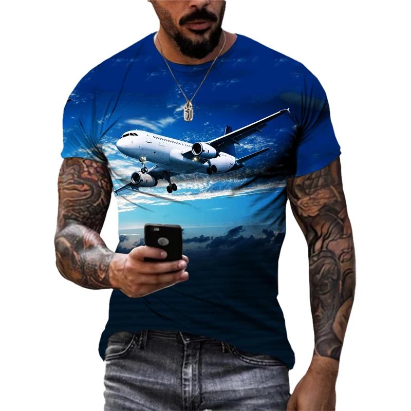 Men Summer Trend Casual Fun Round Neck Short Sleeve Fashion New 3D Printed Airplane Graphic T Shirts for Streetwear Tees Tops