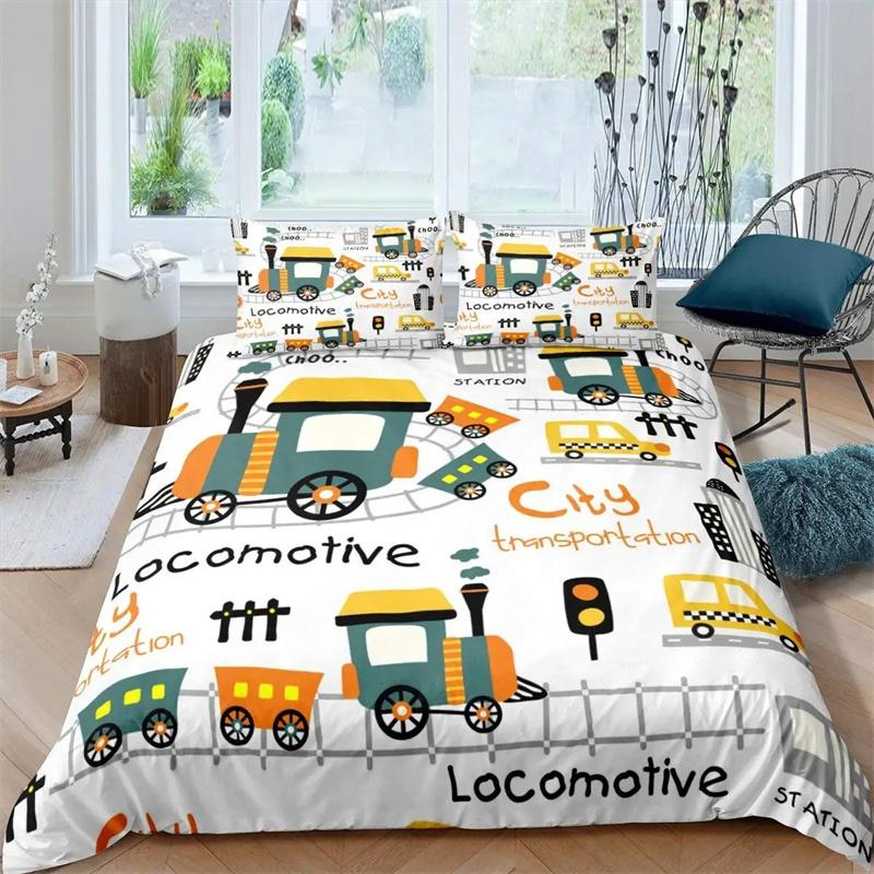 Cartoon Train Bedding Collections 23Pieces Duvet Cover Toy Car Truck Soft Quilt Cover Single Queen King Size Polyester Comforter Cover