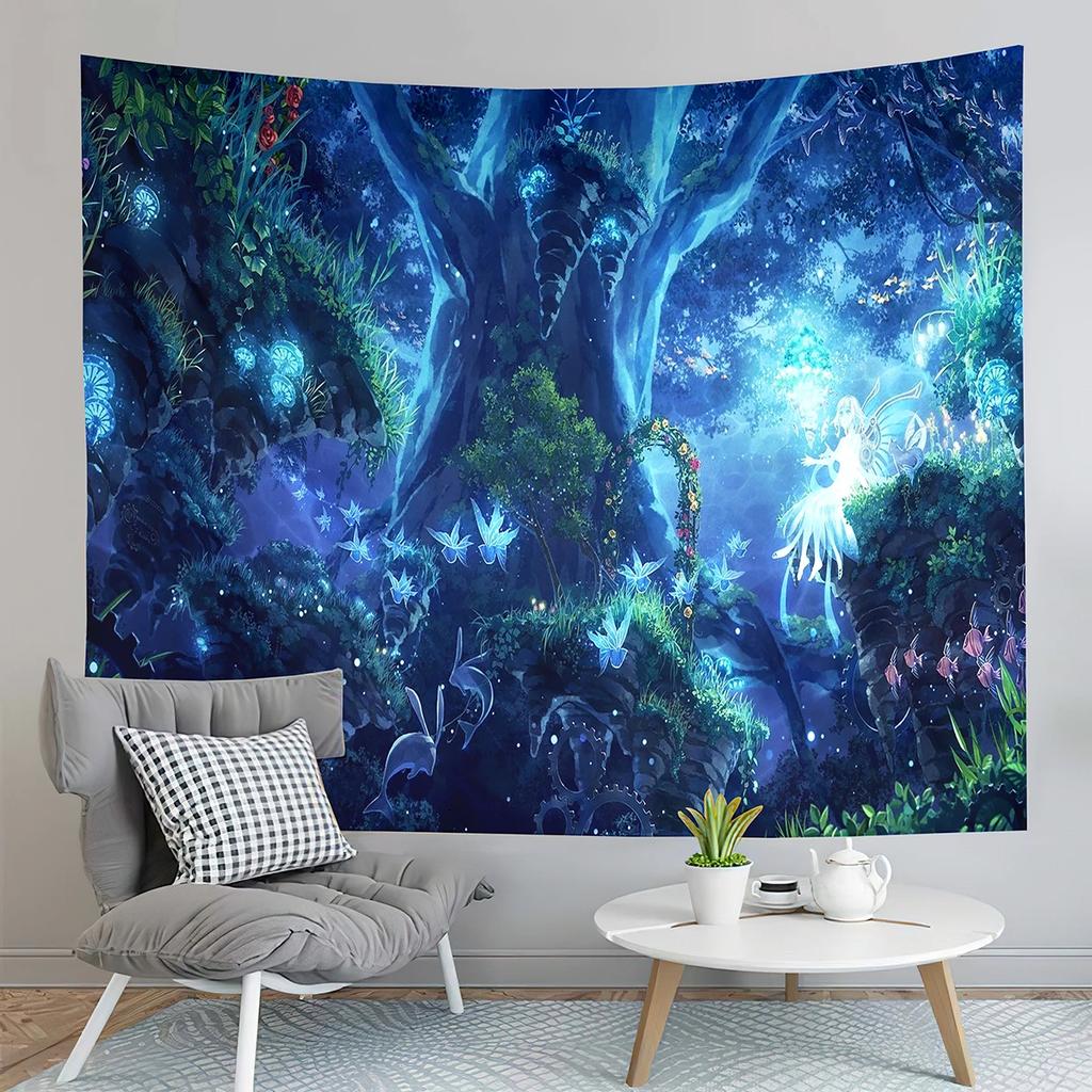 Fairy Tale Forest Tapestry Full Moon Night Red Mushroom Living Room Bedroom Dormitory