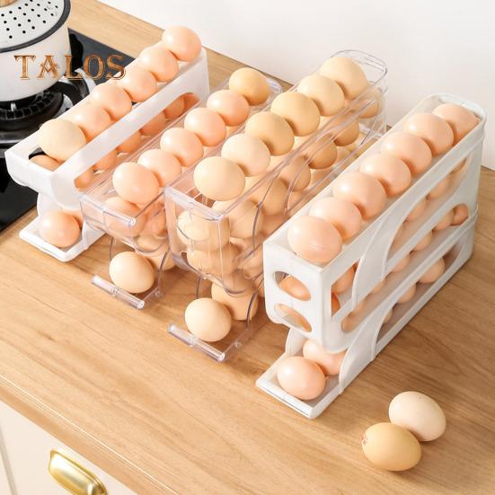 Прозрачная полка для хранения яиц с защитными ограждениями, большая вместимость, 4-х уровневый автоматический вращающийся дозатор яиц, кухонный органайзер
