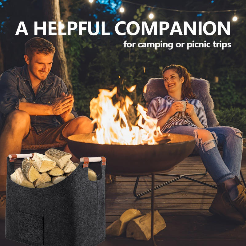 Felt Basket Firewood Box with Wooden Handles Foldable Firewood Basket Storage Basket for Firewood Wood Newspapers Clothes