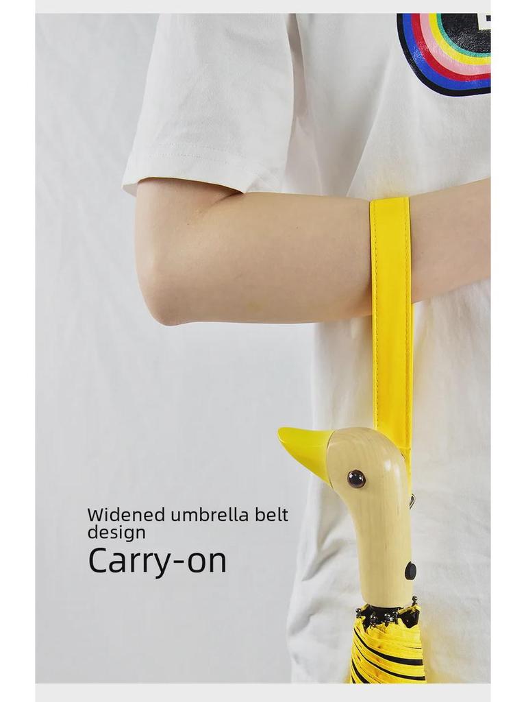 Мультяшный зонт «Утка»: Полуавтоматический, многоцветный, черный пластик, деревянная ручка, симпатичный дизайн в виде желтой утки