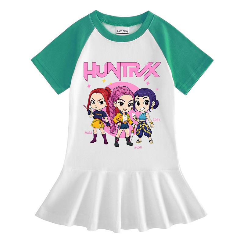 Girls Kpop Rumi Mira Zoey Hunters Print Raglan Sleeves Pleat Dress