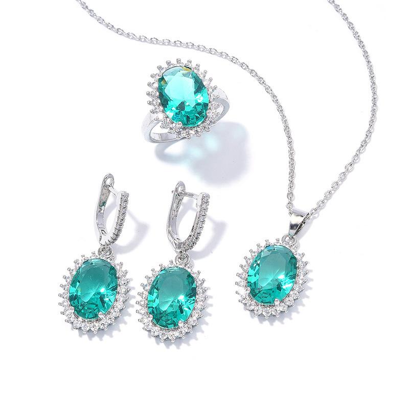 Комплект из овальных цирконов, кольцо Super Flash, серьги, ожерелье, комплект ювелирных изделий.
