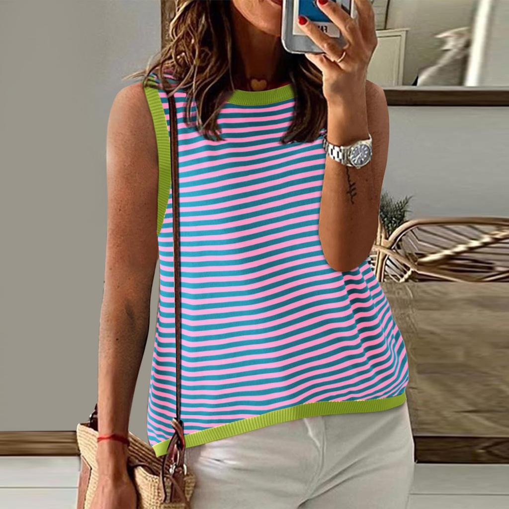 Женские летние топы, повседневная полосатая водолазка с цветными блоками, жилет, свободная рубашка без рукавов с высоким и низким вырезом, блузка