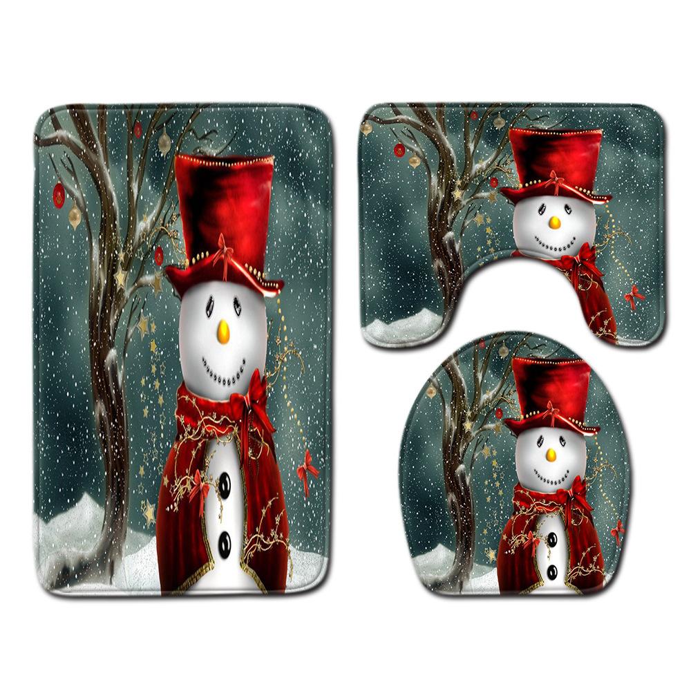 Christmas Home Shower Curtain Polyester Cloth Four-Piece Toilet Floor Mat Bathroom Non-Slip Door Mat Bedroom Carpet