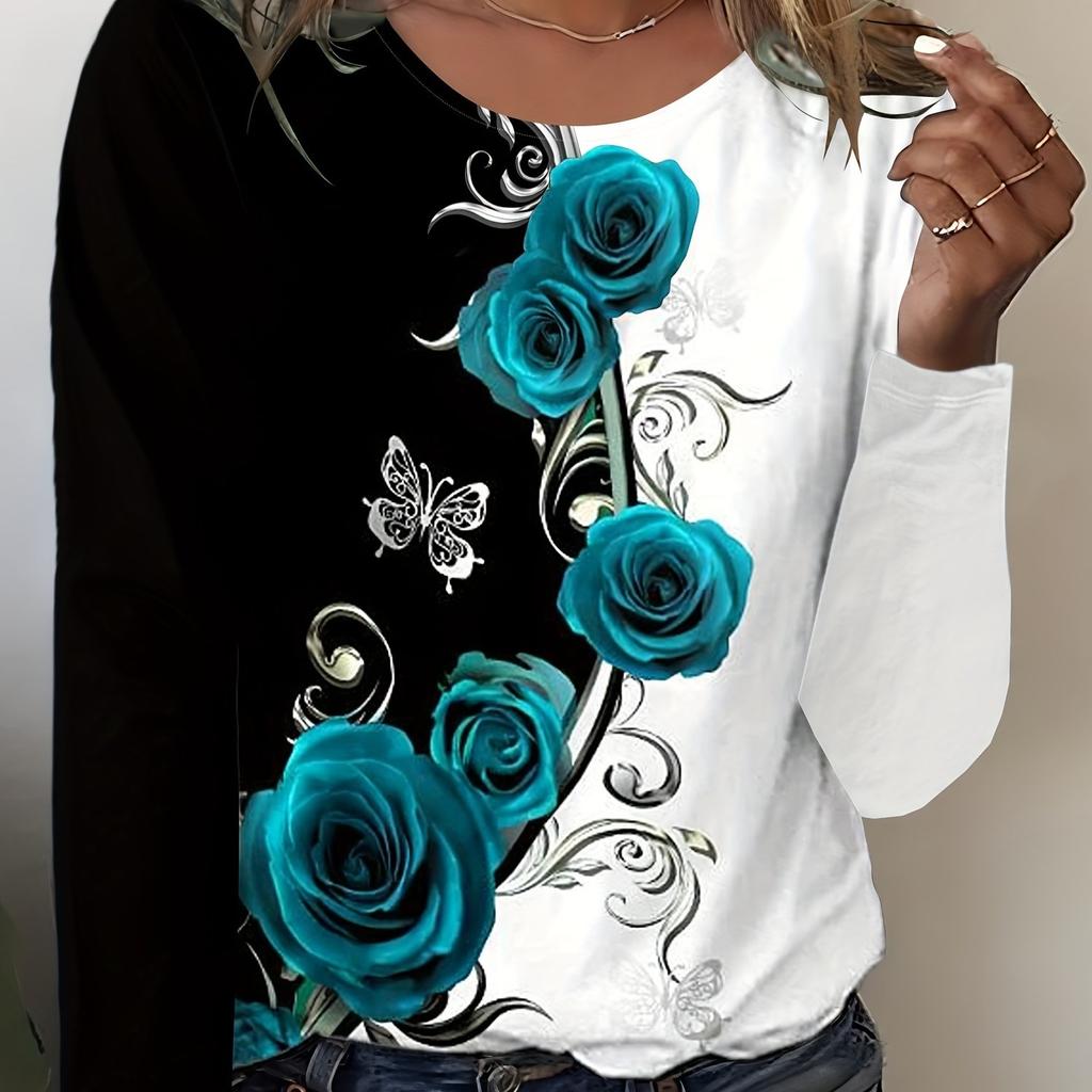 Women's Long Sleeve Flowers and Roses Pattern T Shirts Tops 2024 Autumn New Fashion Women's Top Harajuku Fun Pullover Clothing