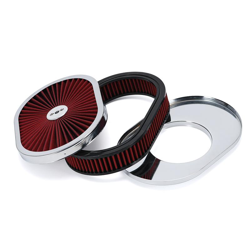 12"x2" Oval Air Cleaner Filter Assembly 5-1/8" Carb Neck w/ Flow-Thru Lid High Flow Chrome for GMC Chevy Ford Chryler Dodge